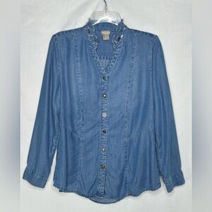 Chico’s Embellished Collar Denim Shirt Decorative Buttons Boho Festival Sz 0 (4)